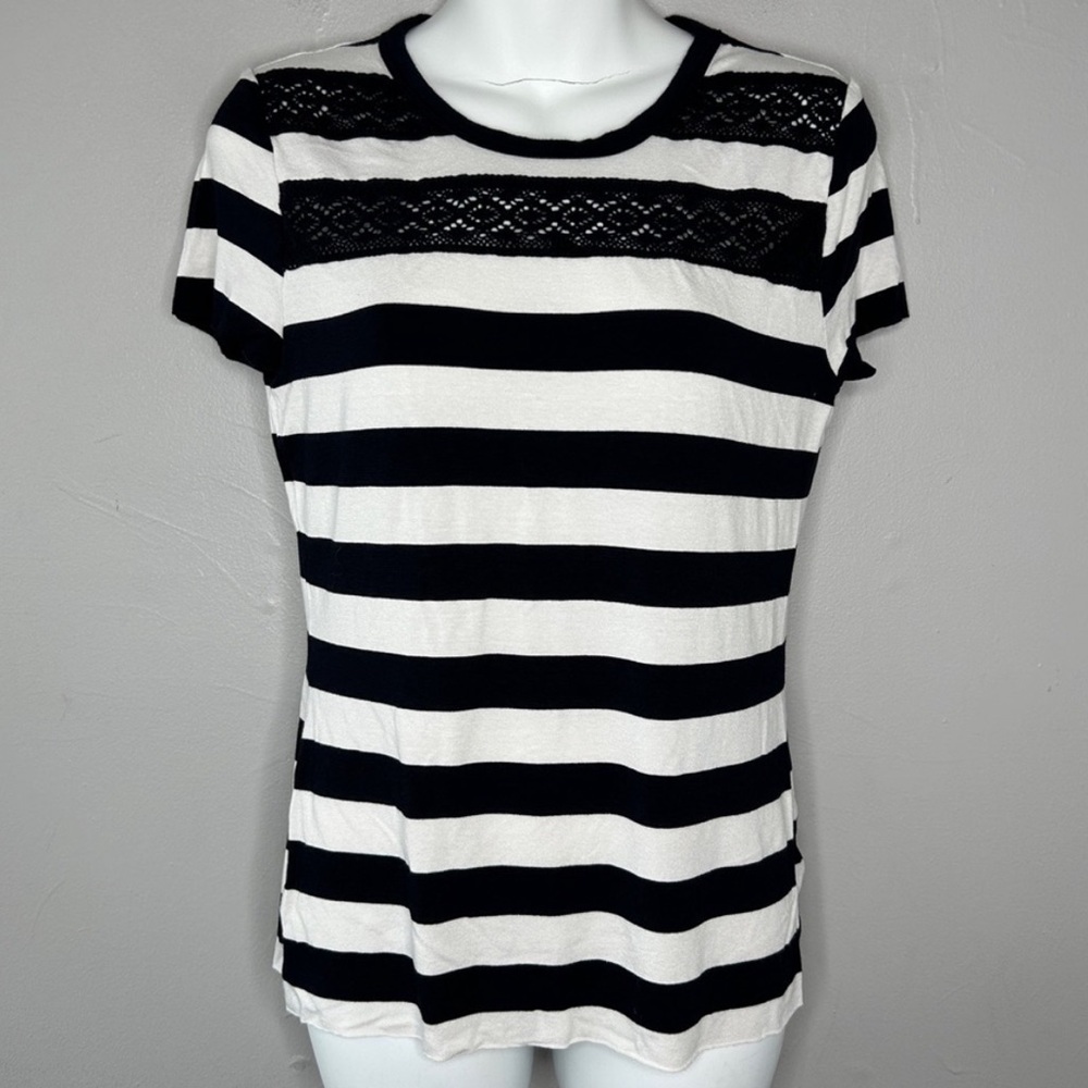 BAILEY 44 Black White Striped Crochet Lace T-shirt Size Medium